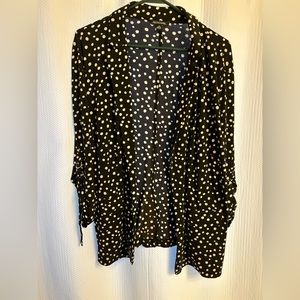 •Dark Blue Polka Dot Collard Cardigan with Pockets